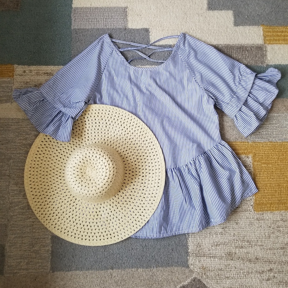 NWT Blue and white striped ruffle sleeve top